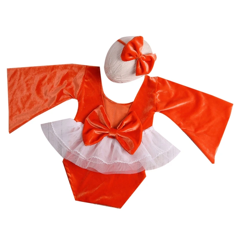 

Newborn Photography Suit Long-sleeved Romper Lace Neckline Bow Hair Tie Romper Infant Baby Picture Shoot Props Clothing