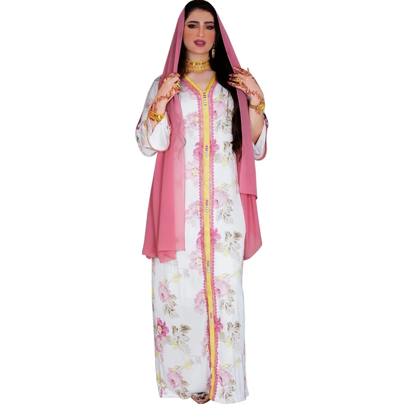 

Ramadan White Floral Abaya Dress for Women 2022 Elegant Ethnic Lace Ribbon V Neck Dubai Turkey Arab Oman Muslim Islamic Clothes
