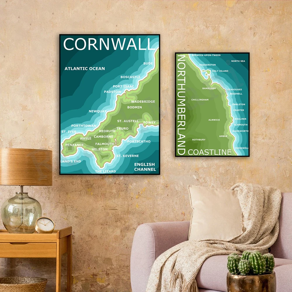 

Northumberland, Cornwall coastline art print, North East England, South West travel map, minimalist coastline poster