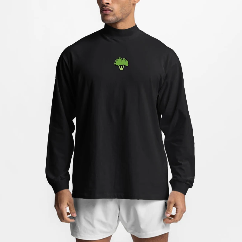 

Broccoli Elements Oversized Turtleneck Long Sleeve T-shirt Men Dropped Shoulder Loose Gym Fitness T Shirt Bodybuilding Tops Tees