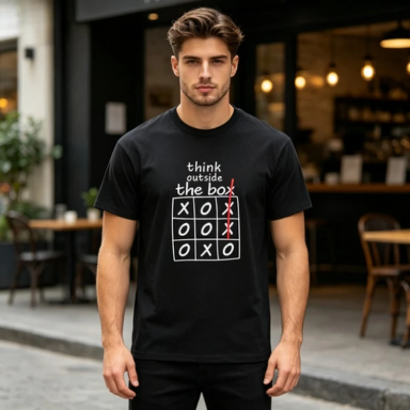 Фото Футболка унисекс из модала с принтом «Think Outside The Box» Tic Tac Toe, мягкая повседневная футболка для ежедневного ношения №1