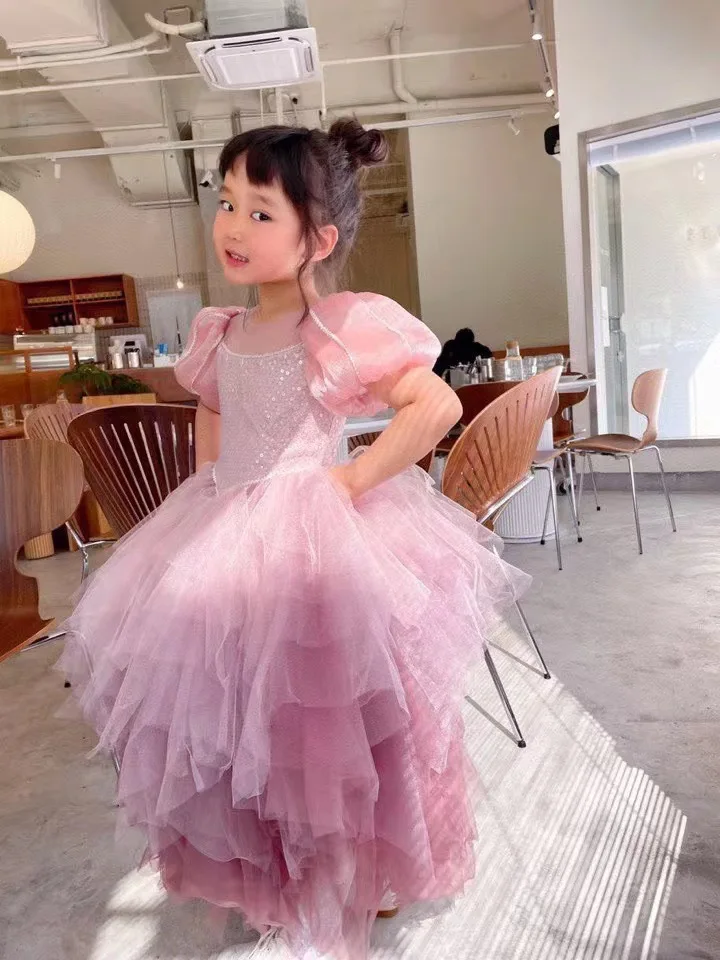 

2023 Boutique Children's Wear Summer New Girls' Dress Sequin Ponceau Princess Dress Gradual Yarn Dress