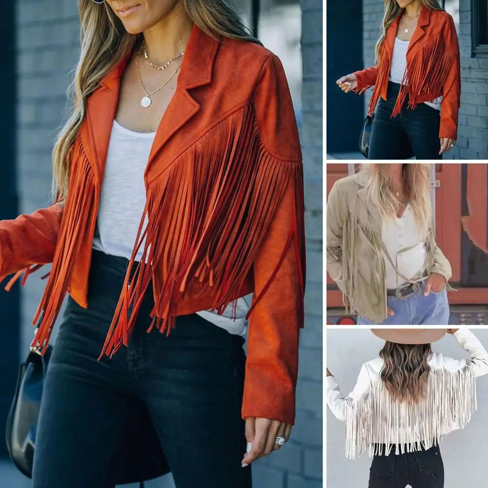 

Women Long Sleeve Cardigan Stylish Fringe Tassel Cardigan Trendy Ladies Fall Spring Coat with Notch Collar Slim Fit Short for A