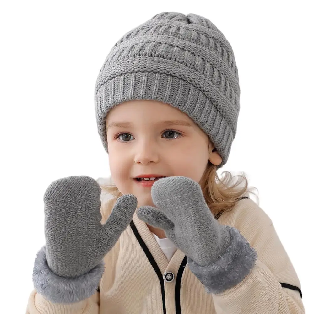 

Brand New Children Knitted Hat Glove Set Boys and Girls Plus Cashmere Knit Beanies Caps Baby Warm Skullies