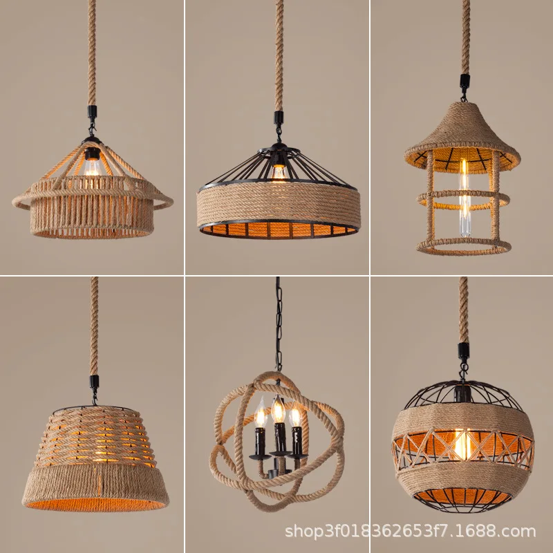 

Cage Retro Hemp Rope Lamp Style Cafe Dining Diameter Ceiling Lamp Restaurant Room Decoration Iron Corridor Chandelier Home Decor