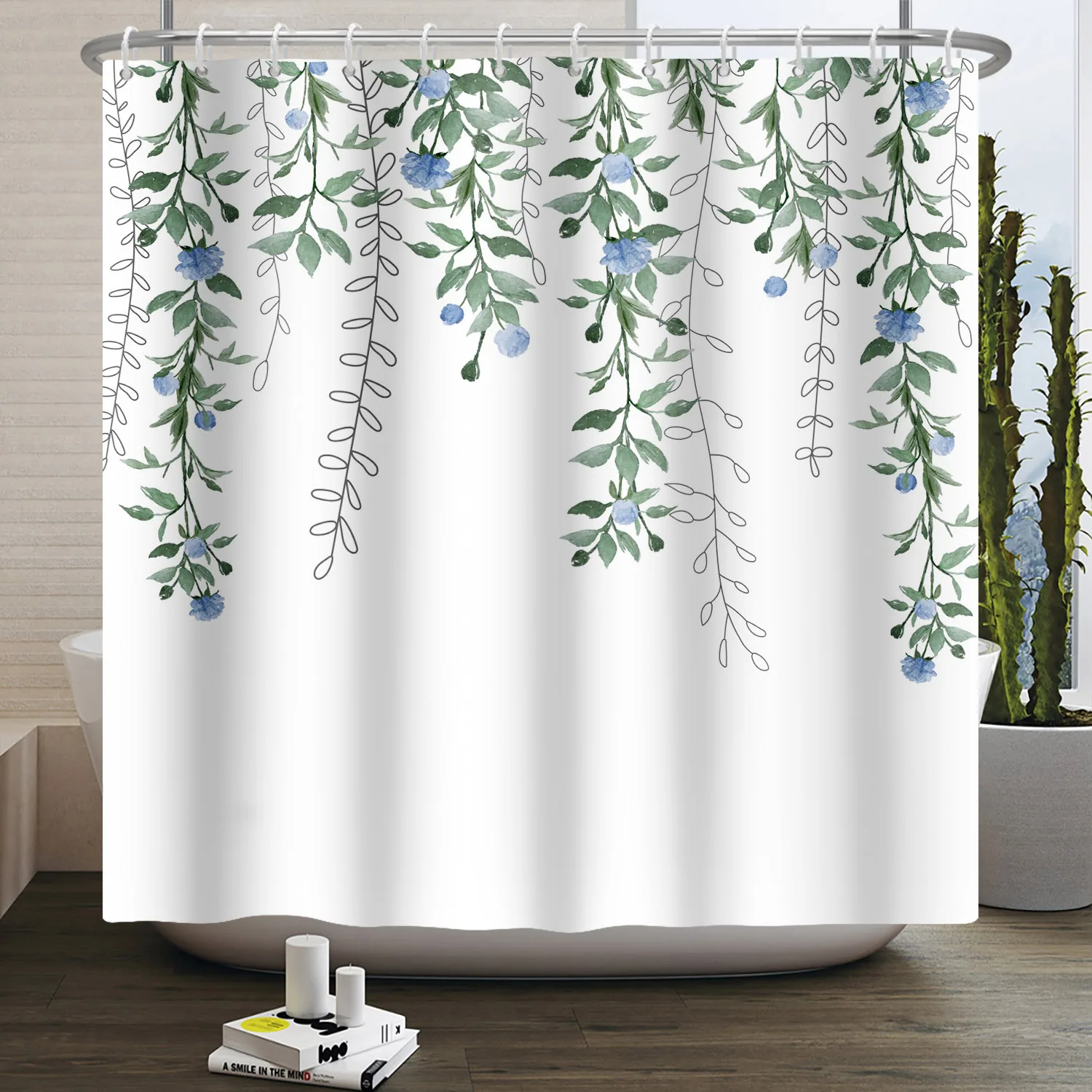 

Green Plant Leaf Vines Flowers Shower Curtain Modern Nordic Minimalist Waterproof Fabric Bath Curtain Bathroom Decor with Hooks