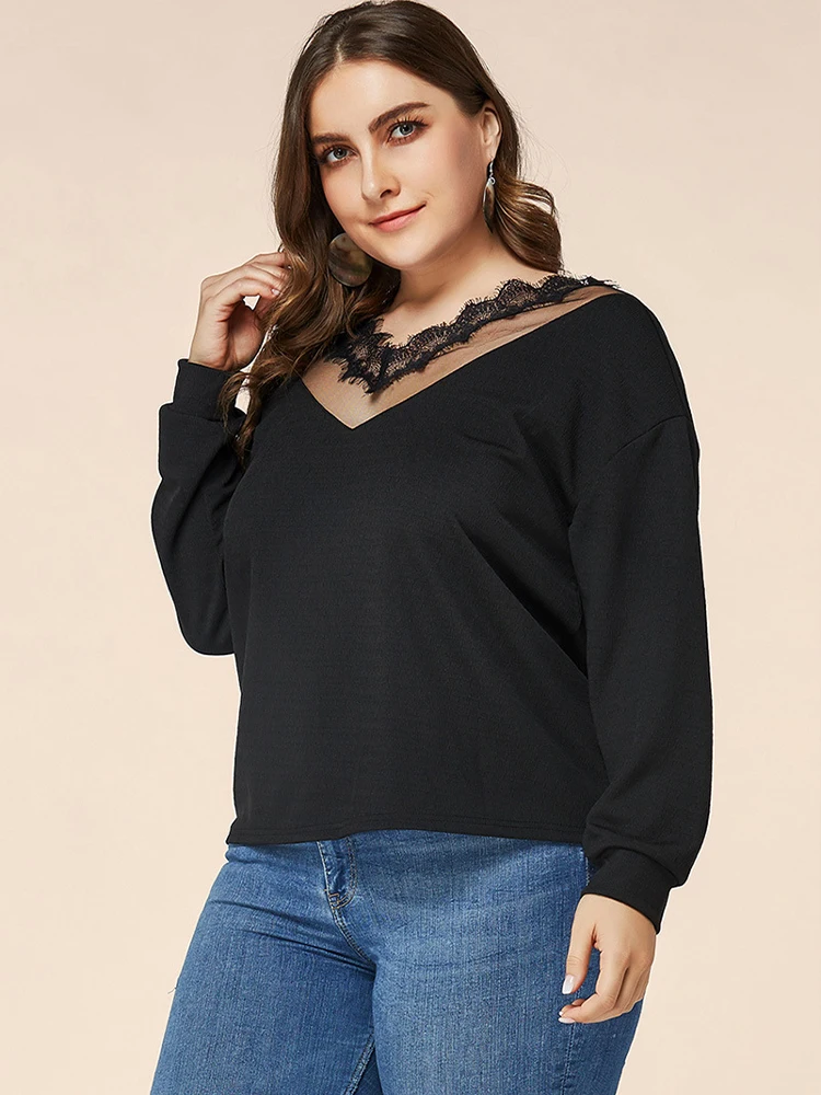 2022 Plus Size Solid Color V Neck Sexy Women Summer long sleeve for T Shirt Female Street Fashion Casual Lace Tshirt