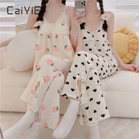 caiyier korean peach print girl v neck pyjamas set sleeveless cute cami top and shorts trousers with breast pad lingers homewear