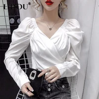 kpop fashion style black white v neck folds lacing popular tops women high waist slim puff sleeve blouse female spring new shirt