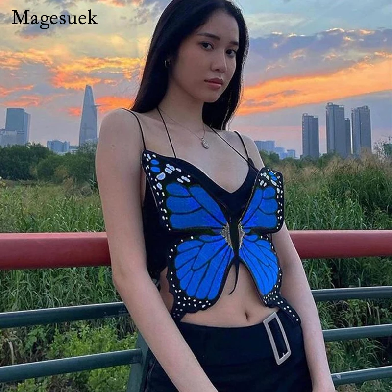 

Fashion Butterfly Top Women Embroidered Crop Top V Neck Sexy Backless Slim Tank Tops Camisole Sleeveless Y2K Clothes Women 22440