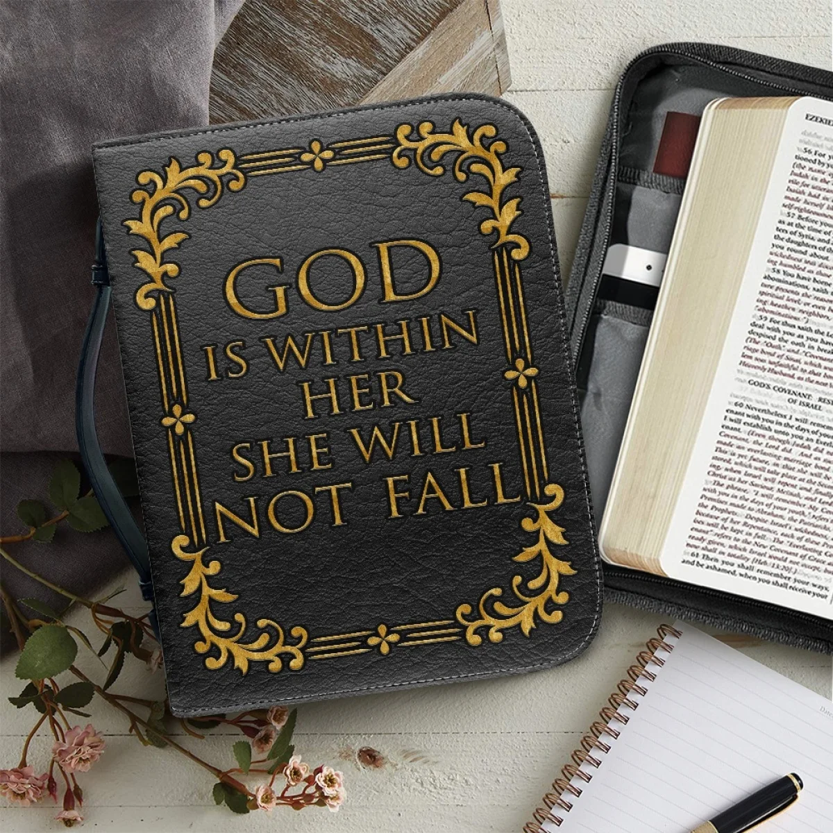 

God is Within Her She Will Not Fall Floral Pattern Print Easy Installation Made Soft PU Leather Bible Bag Women Zippered Handbag