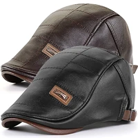retro pu leather beret hats for men autumn winter faux leather beret hat middle aged mens visor warm flat peaked cap adjustable
