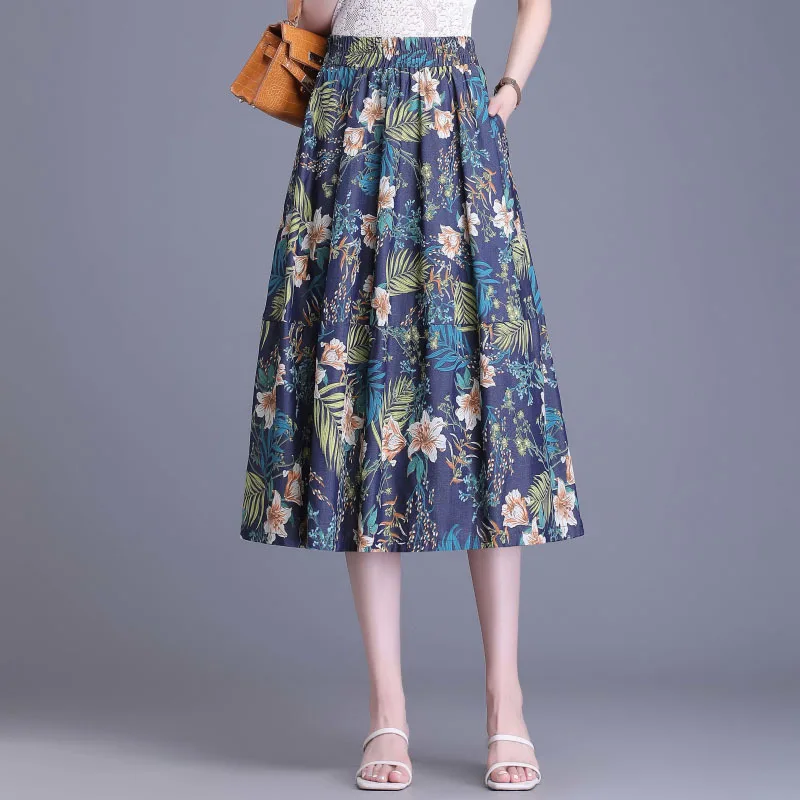 

Women Fashion Elegant Print Pleated Skirt Summer Office Lady Elastic High Waist Loose Fit Casual Floral Mid-Calf Skirts 4XL 1659