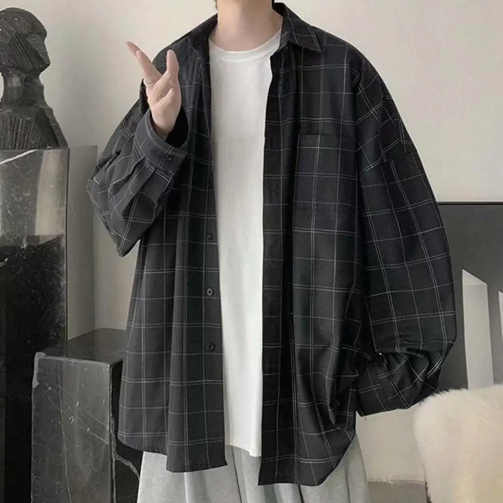 

Men Autumn Shirt Plaid Print Long Sleeves Lapel Loose Solid Color Warm Soft Single-breasted Preppy Men Tops for School