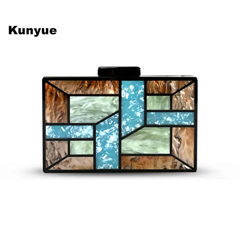 

22New Handbags Luxury Geometric Wedding Party Prom Bridal Acrylic Clutch Purse Elegant Lady Color Contrast Patchwork Evening Bag