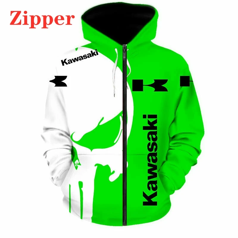 2023 New Fashion Kawasaki Logo Hoodie 3D Digital Print Men Sportswear Harajuku Casual Jacket Motorcycle Clothing Zip Green Hoodi