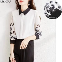 spring summer new polo collar printed long sleeved straight shirt black and white patchwork blouse womens korean style shirt