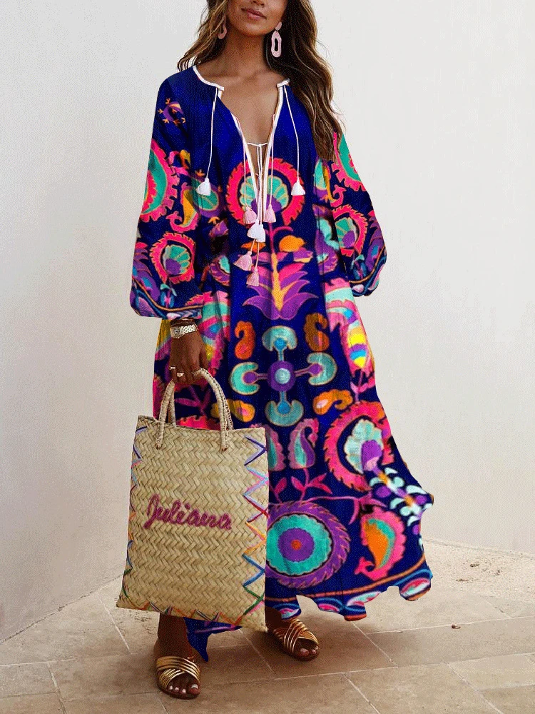 

Женское Свободное длинное платье с цветочным принтом, голубое или зеленое повседневное пляжное платье большого размера в винтажном стиле б...