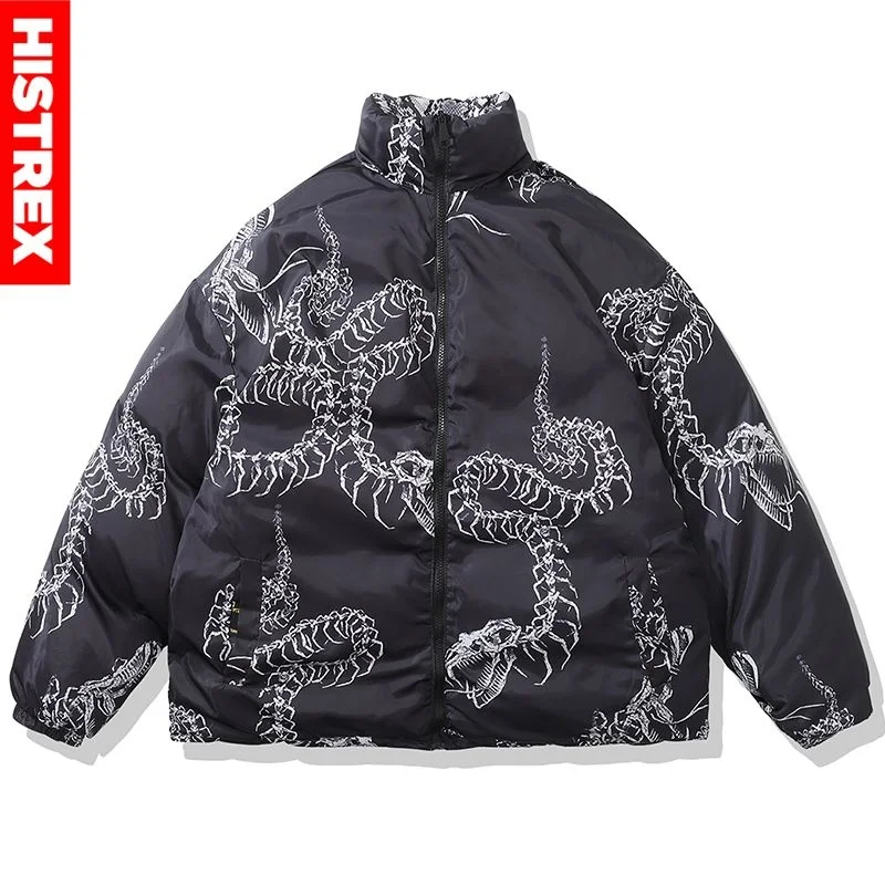 

HISTREX Men Reversible Jacket Parka Winter Snake Dinosaur Skeleton Gothic Thick Warm Puffer Harajuku Oversized Coats Outdoor Man