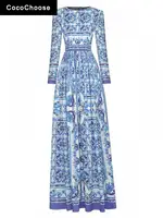 Top Quality Designer Dress Women Luxury 2022 Runway Autumn Vintage Blue Tile Floral Long Sleeves Floor Length Beach Maxi Dresses