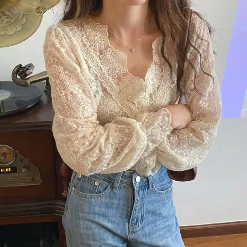 MiiiiX элегантная французская кружевная рубашка с длинными рукавами и v-образным