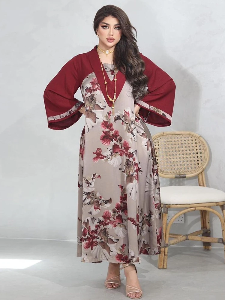 

Fashion Muslim Print Patchwork Abaya Dress for Women Middle Eastern Dubai Arab Oman Moroccan Caftan Loose Burgundy Robe