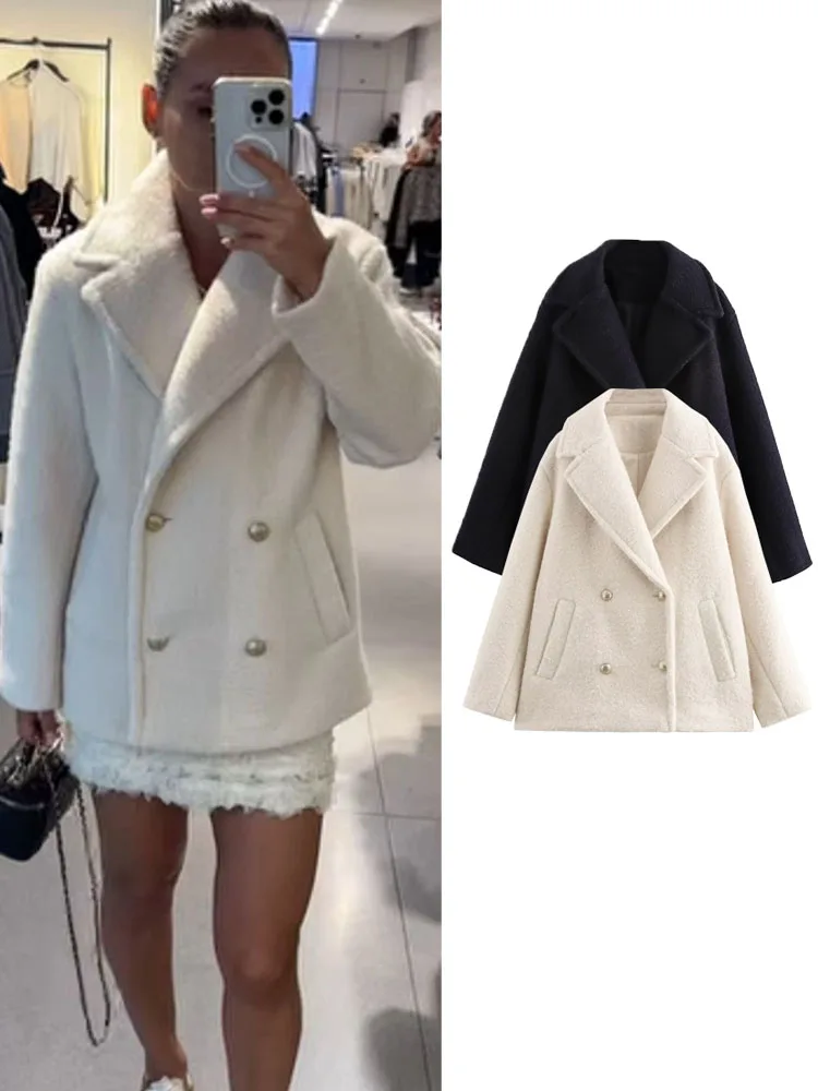Женское двубортное шерстяное пальто с длинными рукавами и лацканами