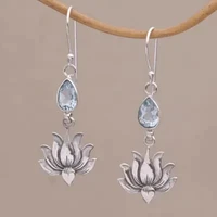 vintage metal hand carved lotus earrings set with blue crystals womens hook drop earrings jewelry