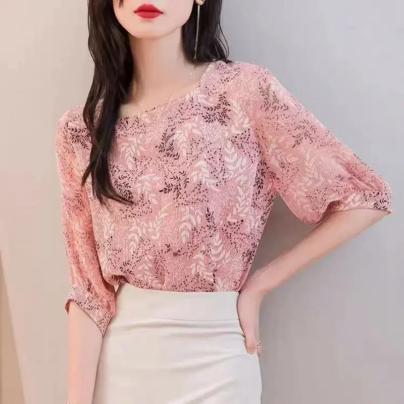 Женский шифоновый топ с полурукавами голубой узор женская рубашка и блузка