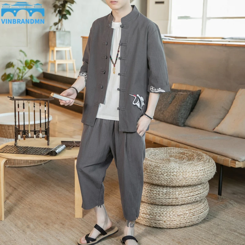 

Мужской костюм с вышивкой журавля и брюки, из хлопка и льна