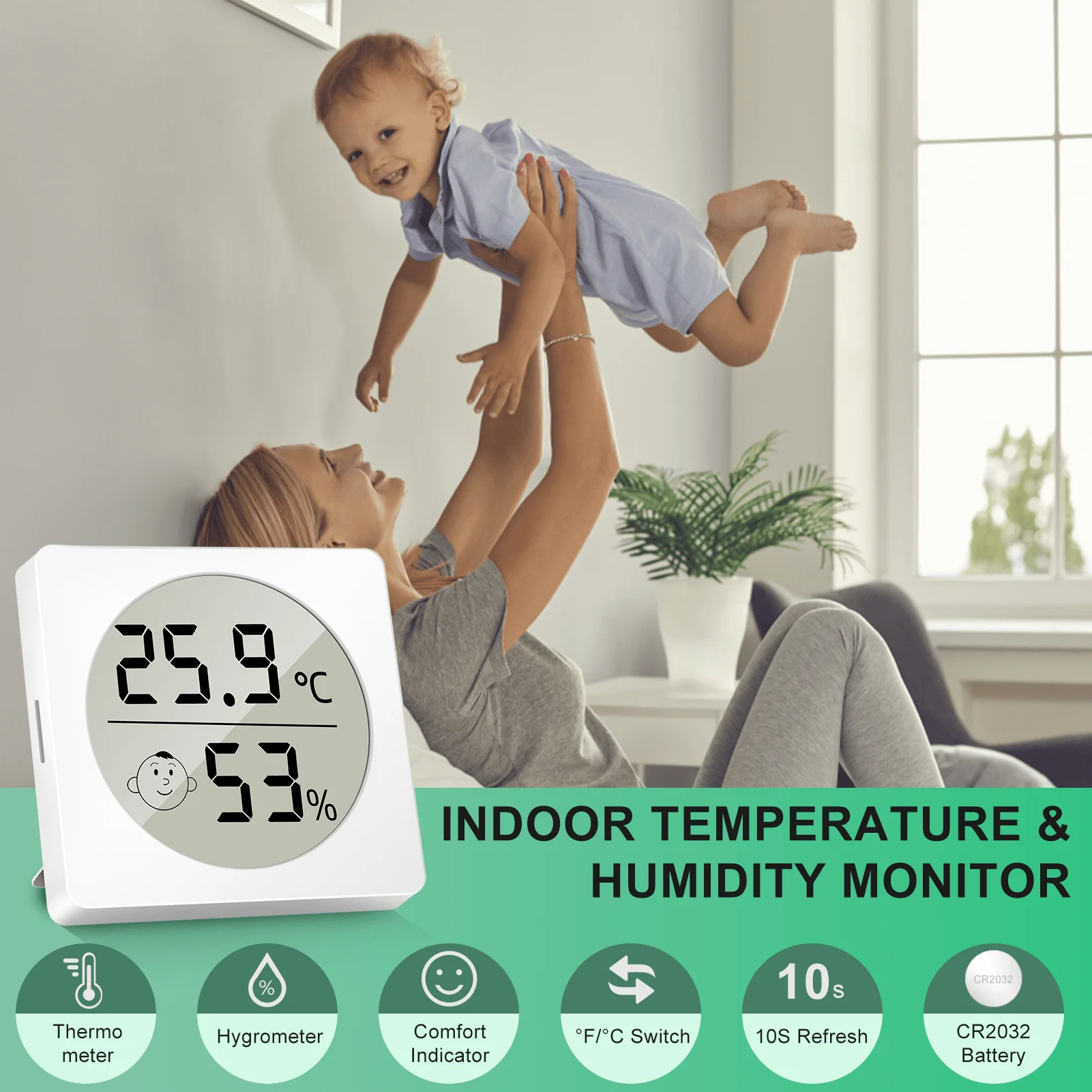 

Built-in Battery Bigger 57x57mm Digital Thermometer Hygrometer Indoor Room Convenient Temperature Sensor Humidity Meter Smiley
