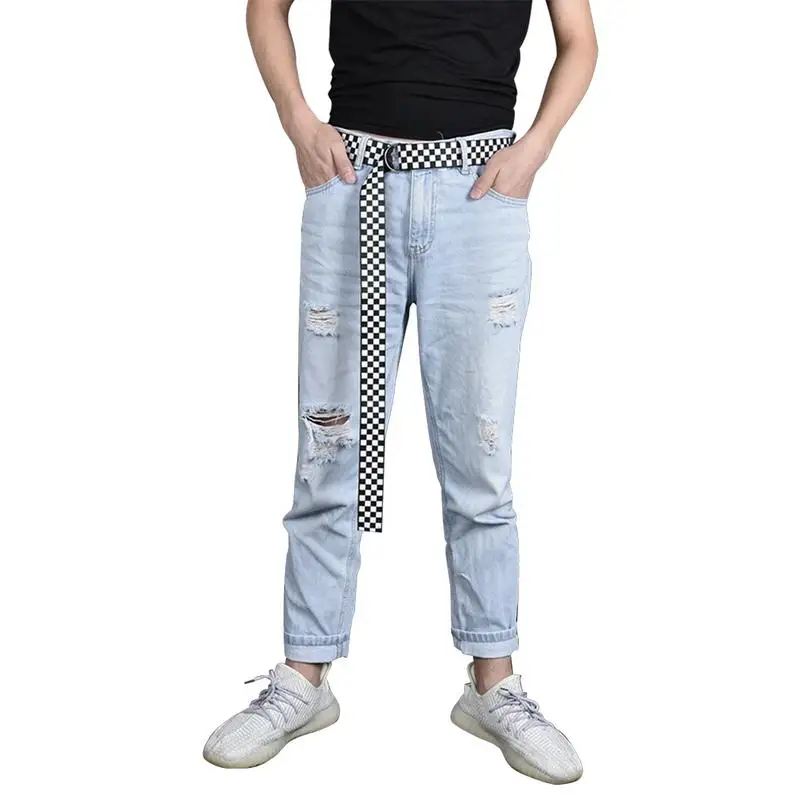 

Casual Checkerboard Canvas Belt Black White Plaid D Ring Double Buckle Long Waist Strap Student Teenager Men Women Belts