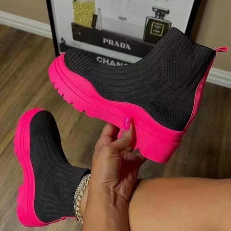 

Женские ботинки из эластичной ткани, вязаные ботильоны, новинка 2022, роскошные женские ботинки, повседневные ботинки без шнуровки с круглым ...