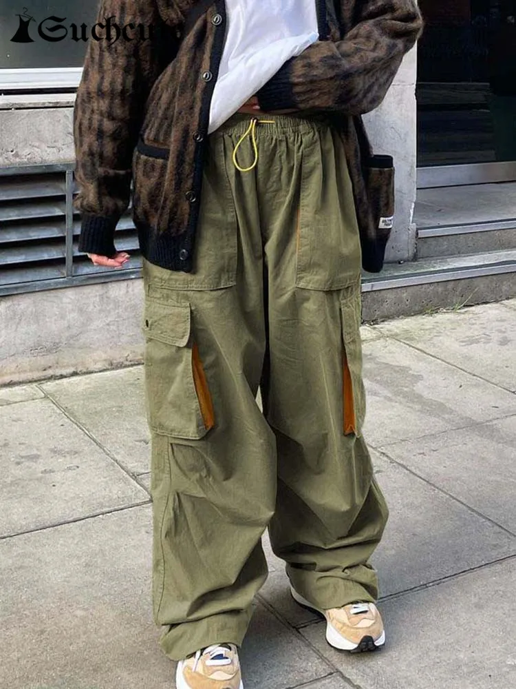 

SUCHCUTE Streetwear Cargo Pants Women Grunge Fairycore Pocket Up Baggy Trousers Low Waist Hip Hop Vintage Loose Clothes 2000s