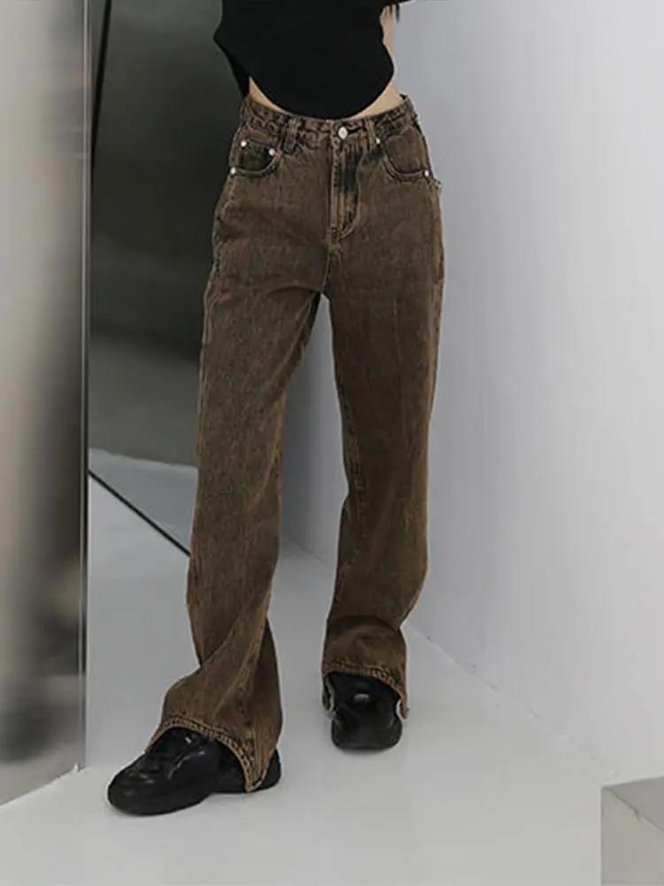 

2022 Spring And Autumn Baggy Wide Leg Pants Retro Streetwear Fashion Denim Trouser Women Brown Vintage High Waist Straight Jeans