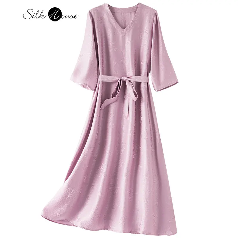 2023 New High Quality Silk Four Warp Twisted Luo Women's Fashion V-neck Breathable Loose A-line Silk Mid Length Dress