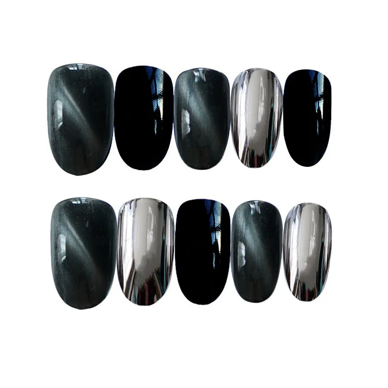 

24pcs Short Almond Oval False Nails Full Cover Cat Eye Jump Color Silver Black Fake Nail Artificial Nail Art Tips