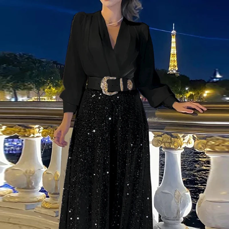 

Women Elegant 2-piece Sets Fashion Solid Long Sleeve V-neck Blouse And Sequins Wide Leg Trousers Suit Ladies Loose Casual Suits