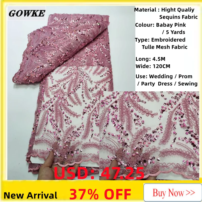 

2022 Latest Nigerian Lace Fabric High Quality African Flocking Sequins Embroidered Tulle Lace French For Women Evening Dress Sew