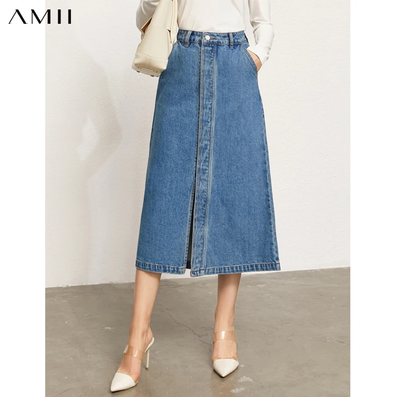 

Amii Minimalism Denim Skirts For Women Streetwear High Wasit Split Jean Skirt Female Long Skirt Fashion Women's Skirts 12130301