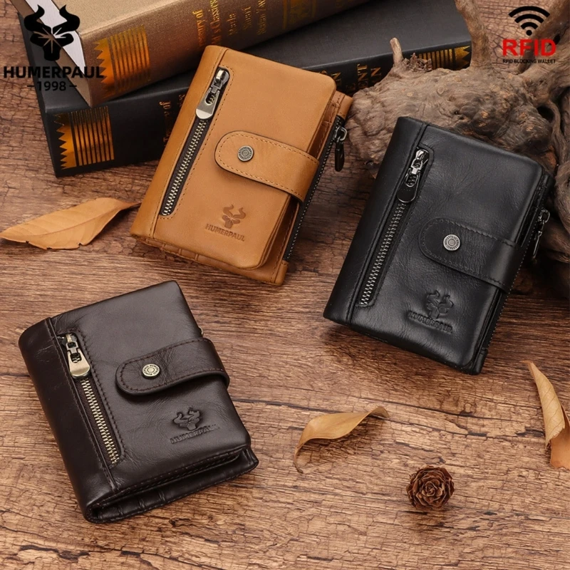 

Genuine Leathe Men Wallet RFID Luxury Desig Bifold Short Wallets Male Hasp Vintage Purse Coin Pouch Multi-functional Card Pocket