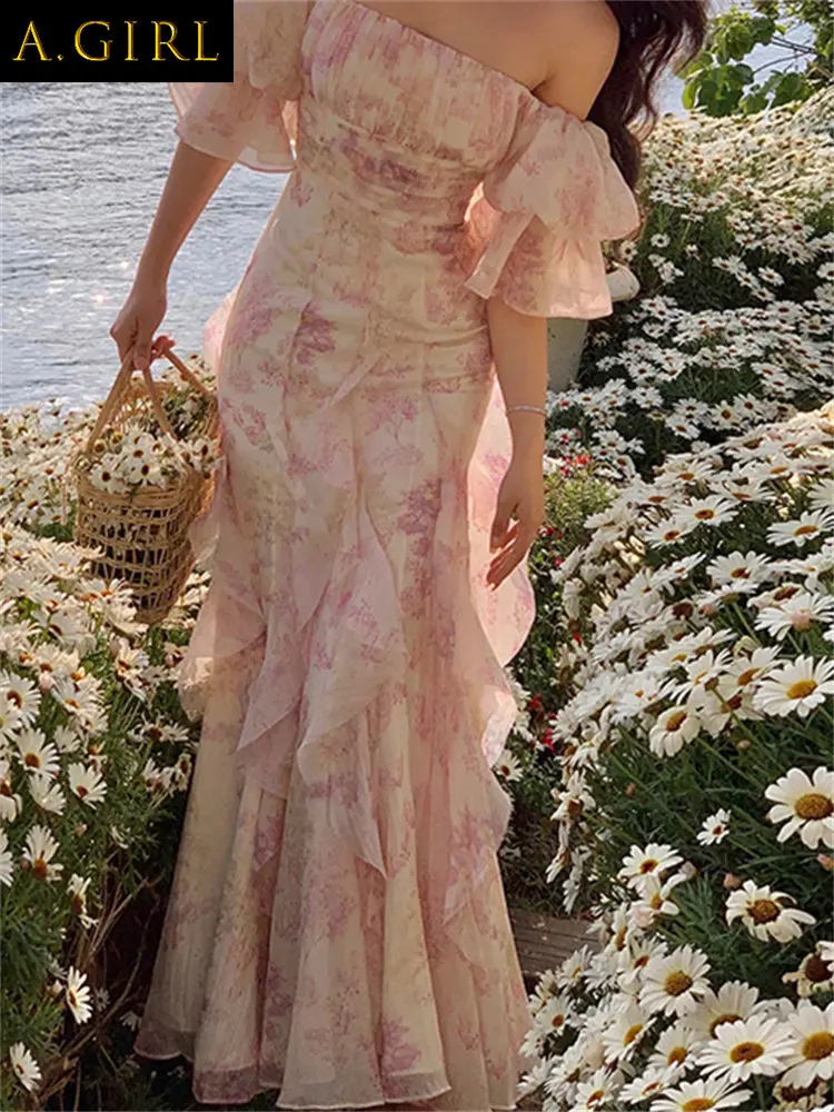 

A GIRLS Elegant Chiffon Dress for Women 2023 Fashion Fairycore Floral Spaghetti Strap Summer Dress Elegant Slash Neck Ruffle Mid