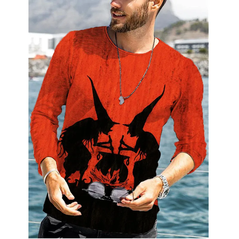 

3D Digital Horror Halloween Party T-Shirt Men Long Sleeve Cotton Tops Scary Witch Print T-shirt Fashion Street Oversized T-Shirt