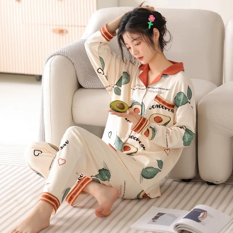 Yasuk Spring Autumn Fashion Women Casual Soft Print Sleepwear Homewear Pajamas With Pants Sweet Fruits Avocados Simple Cotton