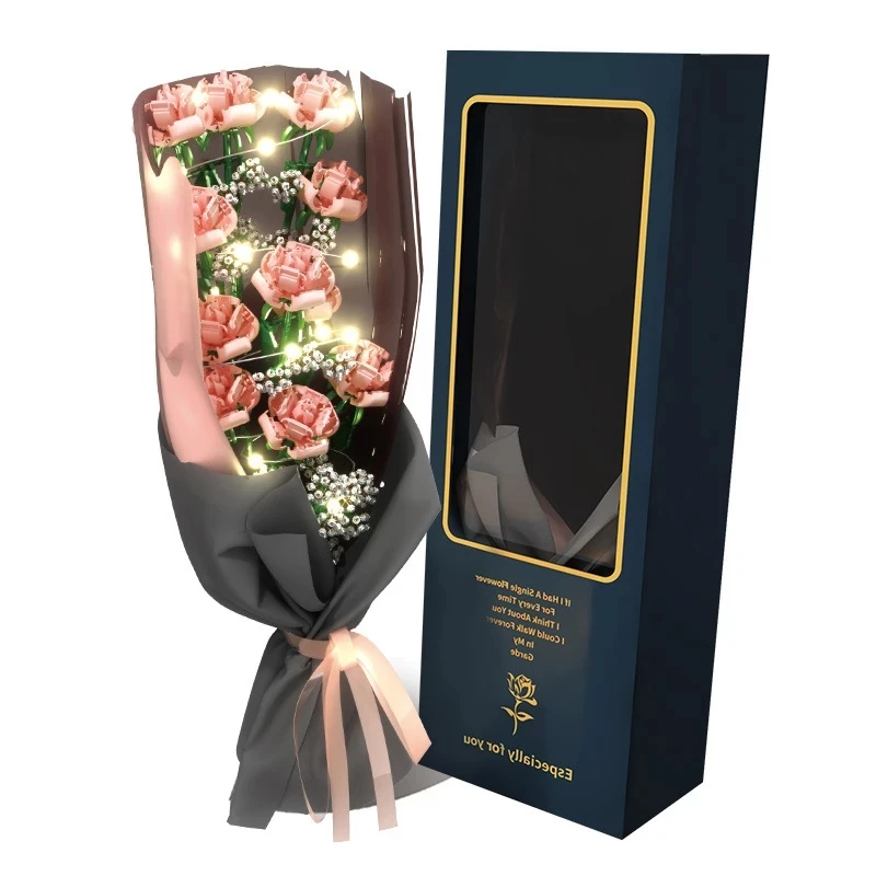 

Pink Rose with Light Flowers Bouquet Building Blocks Moc Home Decoration Plant Toys For Kids Festival Gift