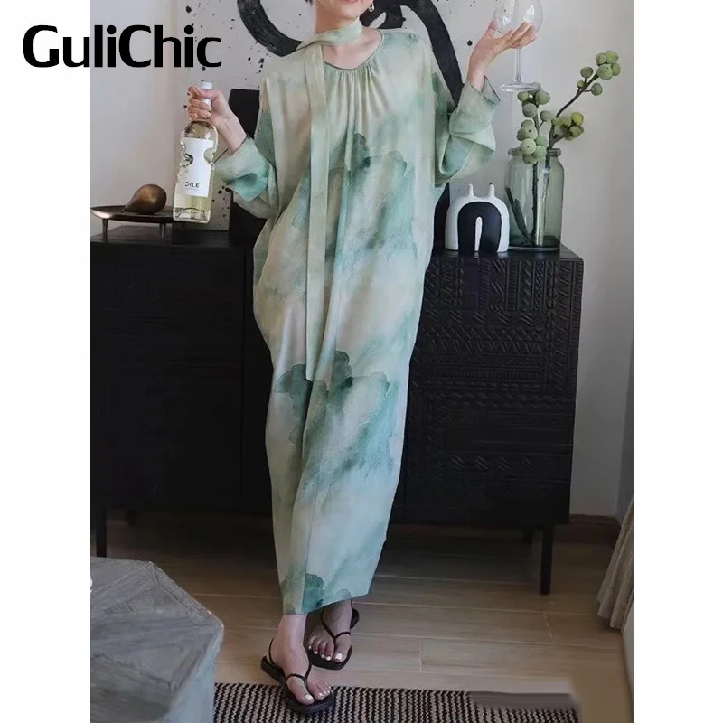 6.16 GuliChic Women Fashion Elegant With Belt Geadient Print Silk Round Neck Loose Midi Dress