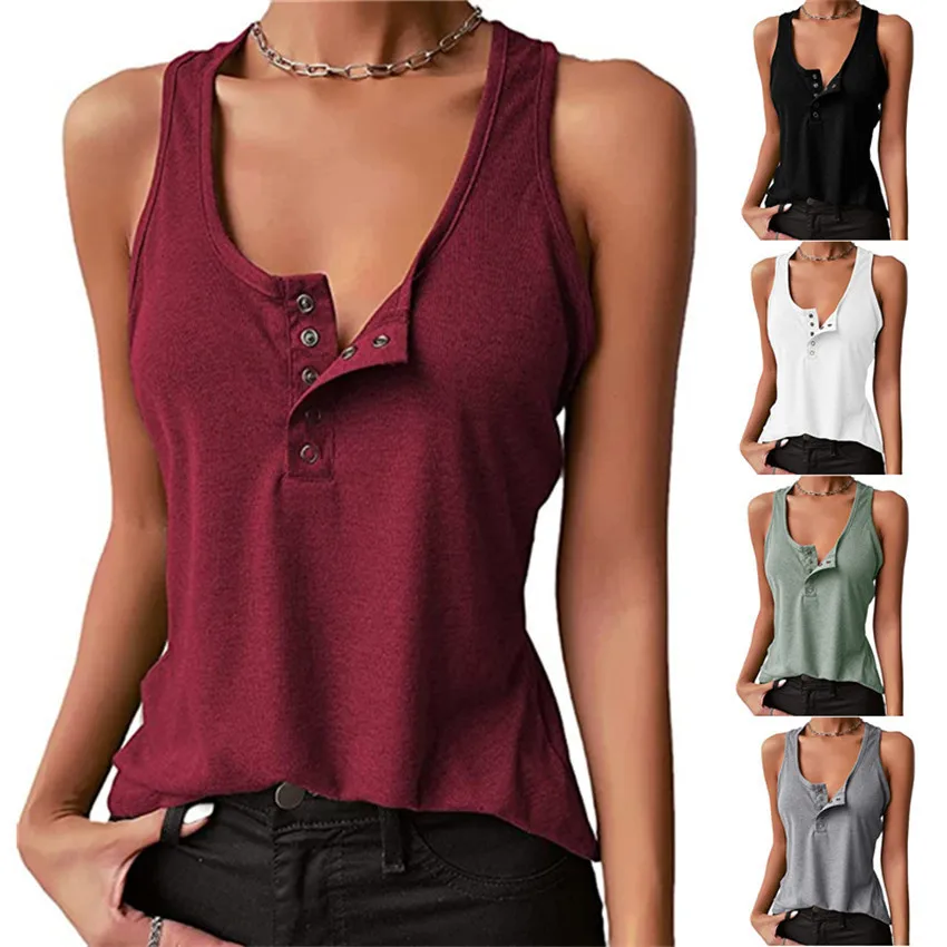 

Woman Tshirts 2022 European and American New Women's Solid Color Snap-button Sleeveless Vest T-shirt Women Tops