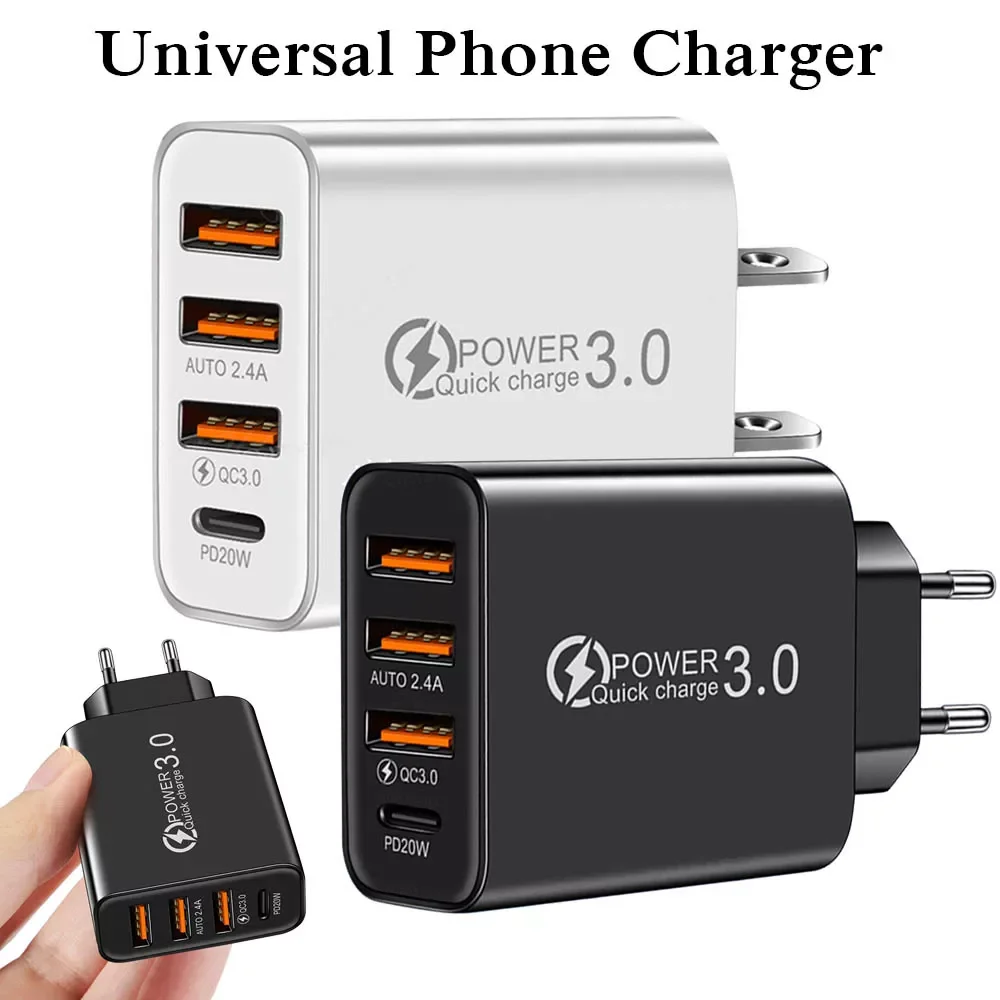 

3 USB Port+PD20W TypeC Universal Phone Charger Travel Portable Smartphone Charging Adapter Head Cellphone Power Supply Accessory