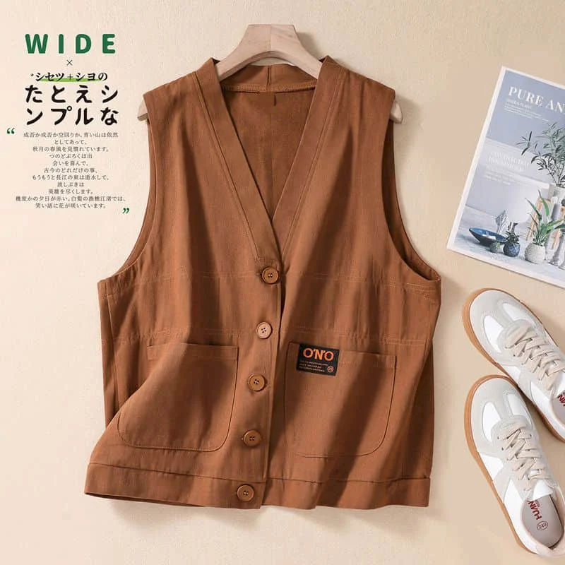 Женский однобортный жилет без рукавов свободная однотонная хлопковая майка в