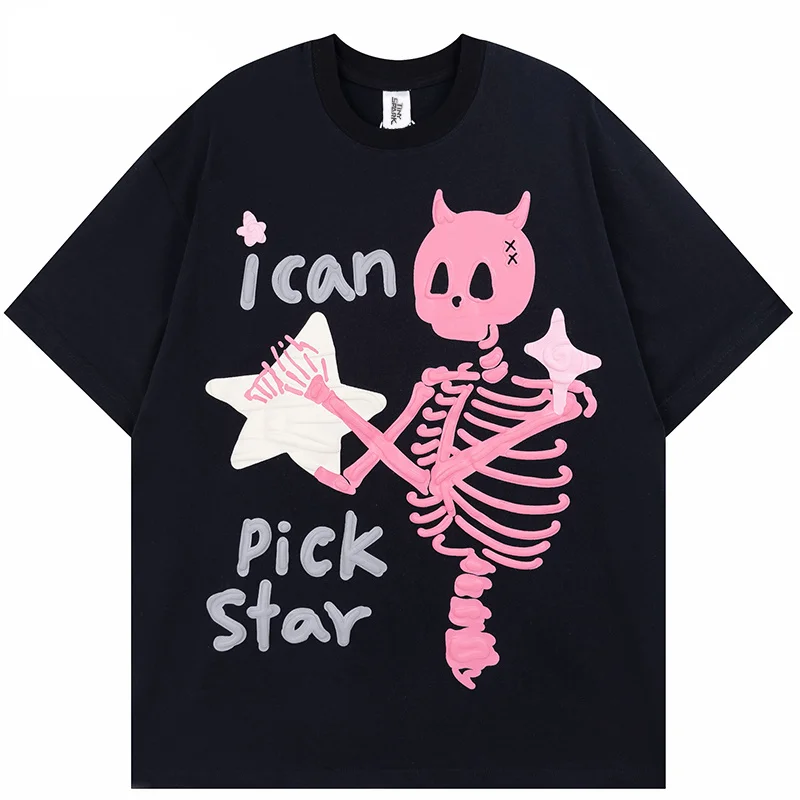 

2023 Harajuku Men Streetwear Tshirt Stars Funny Devil Horn Skull Skeleton Graphic T-Shirt Cotton T Shirt Summer Hip Hop Tops Tee